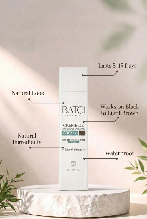 Batci hair product packaging with features highlighted on a neutral background